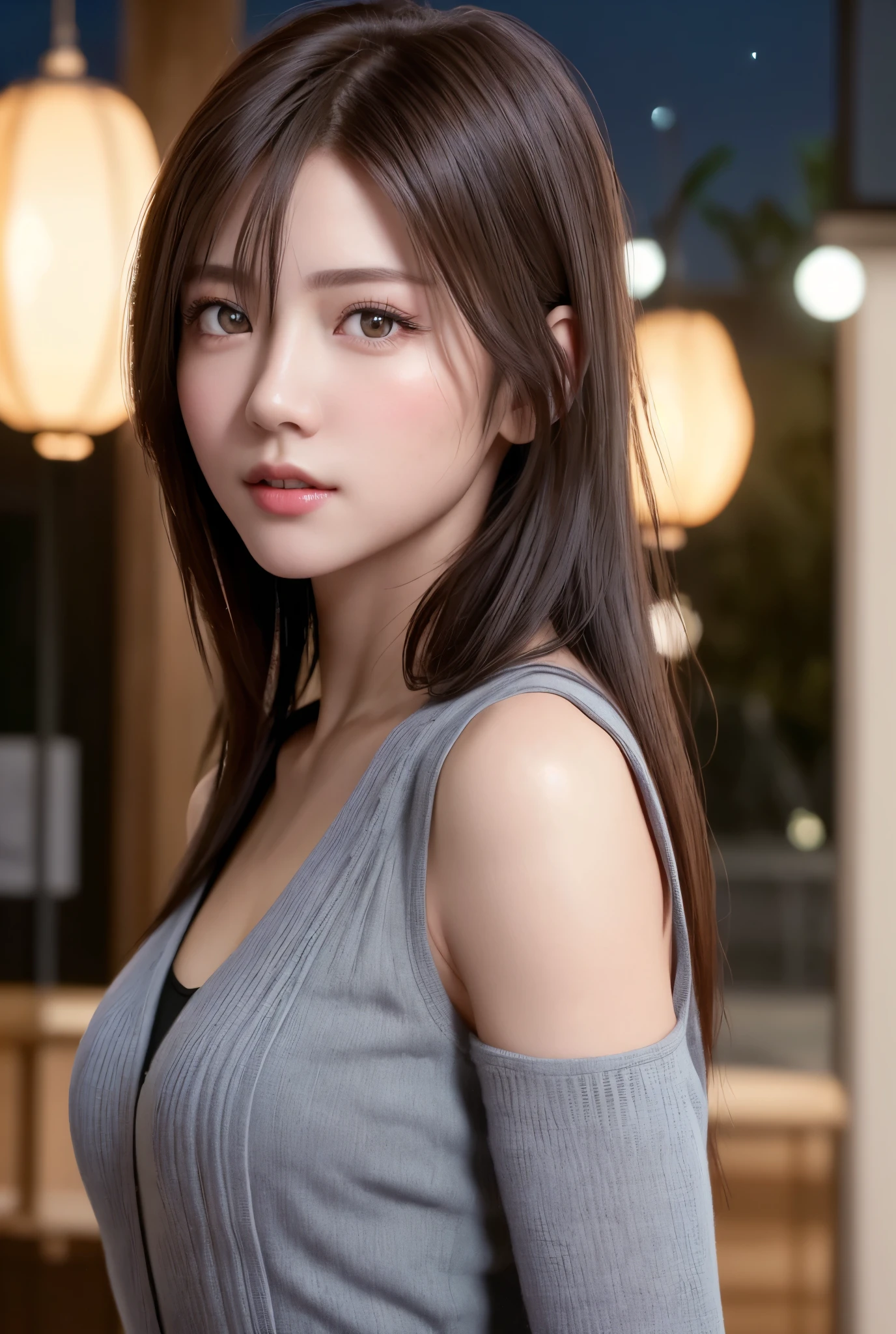 8K, of the highest quality, masutepiece:1.2), (Realistic, Photorealsitic:1.37), of the highest quality, masutepiece, Beautiful young woman, Pensive expression,、A charming、and an inviting look, Dobo dabo knitwear、cleavage of the breast, Hair tied back, Cinematic background, Light skin tone