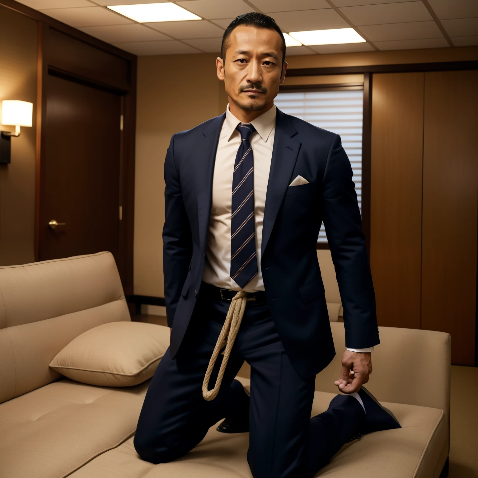 age 55,Hidetoshi Nakata ,(Kogoro Mouri 1.3),little beard,Shirtless,black long socks,tmasterpiece,fortitude,Two muscular men kneel,Business suit,Lace suspender underwear,Crotch contour,Thick chest hair,blue colors