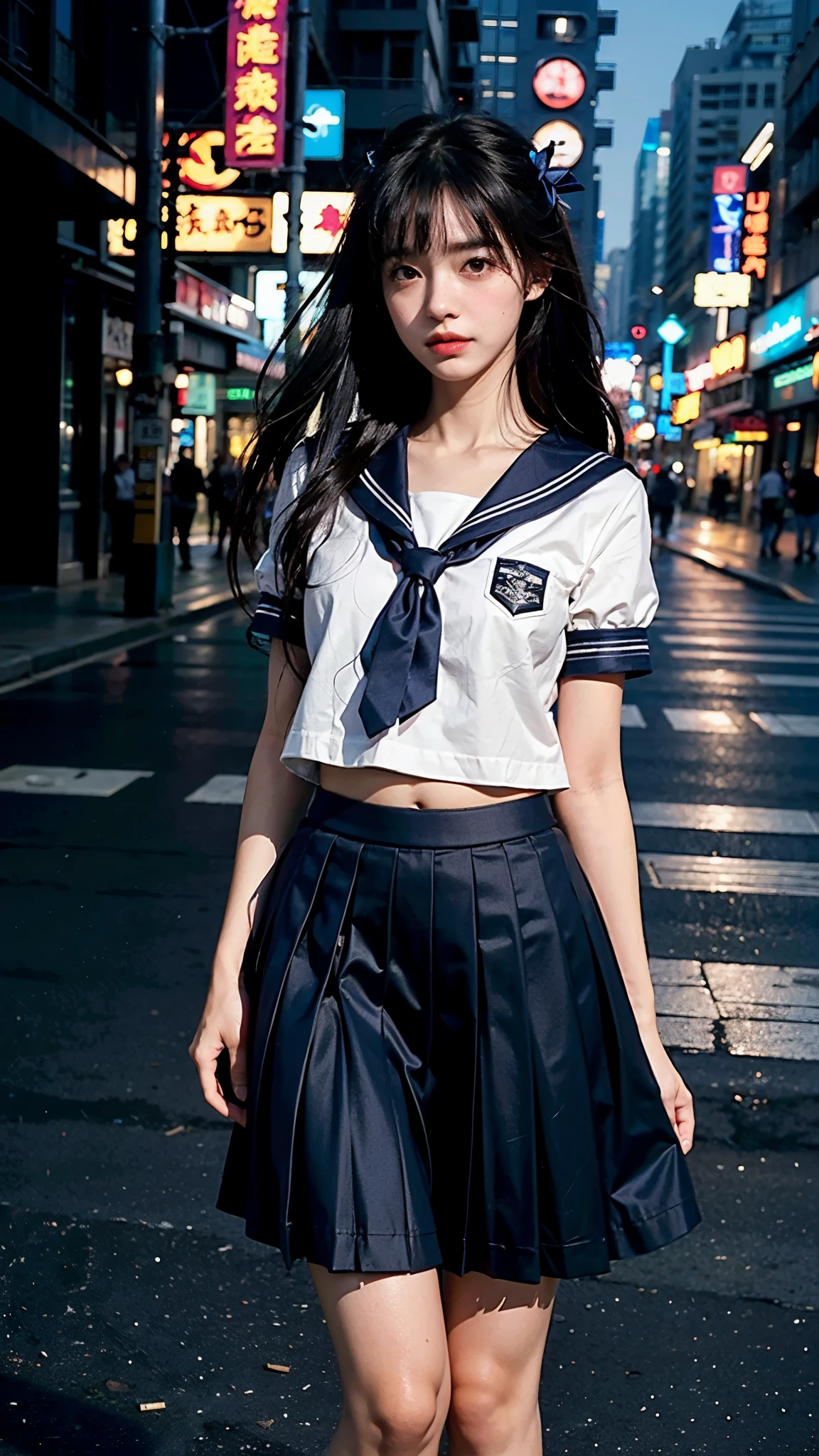 (8k, RAW photo, best quality, masterpiece:1.3),(realistic,photo-realistic:1.37),(night),(looking at viewer:1.331),(white hair),posing,Tokyo street,nightcityscape, cyberpunk city,soft light,1girl,extremely beautiful face,bust,put down hands,Random hairstyle,Random expression,big eyes, ,lower abdomen,(lshort-sleeved JK_sailor),JK_style,(dark blue JK_skirt) ,(bow JK_tie),mix4