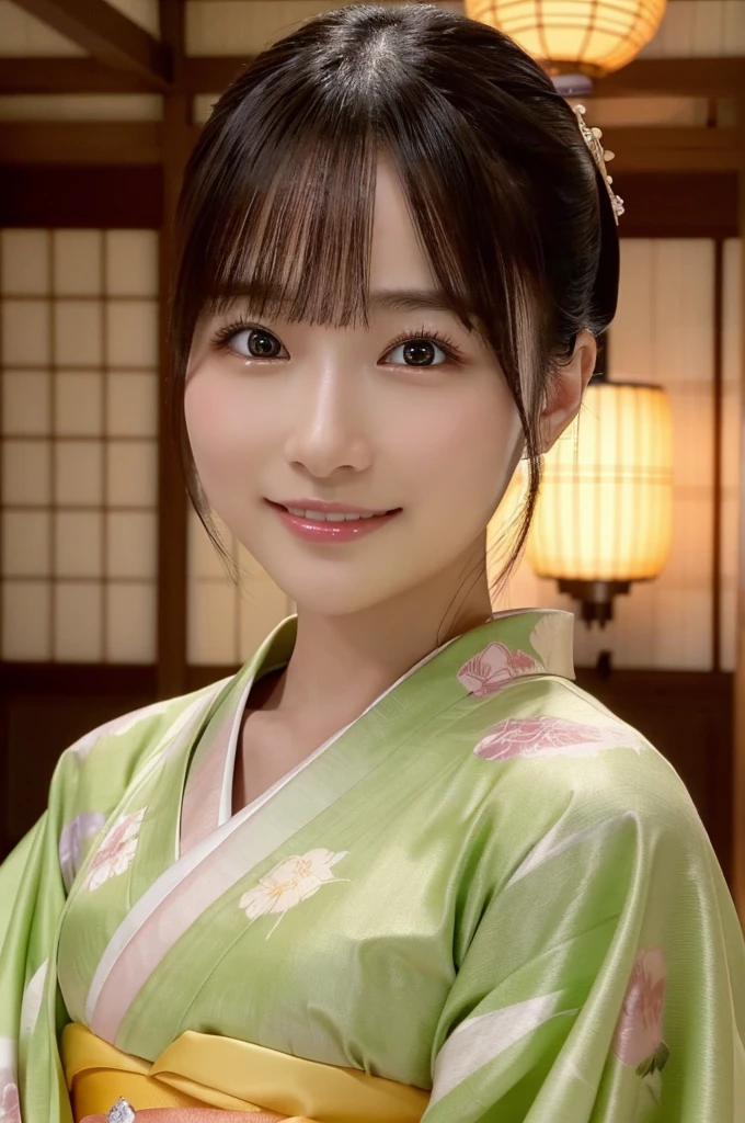 8k、High definition、Ultra Detail、Photorealistic、High resolution、Realistic and accurate depiction、Realistic and accurate human anatomy、Highest quality、Japanese women 、beautiful girl、(((JPGND))), (((kimono))), ((Highest quality、8k傑作:1.3))、(Super beautiful face:1.0)、(Glowing Skin:1.0)、Realistic photos、Perfect dynamic composition, Video Lighting、High resolutionの目と顔、One of the Japan, Pure beauty, cute, elegant, kimono, smile, ,A long-established inn in Kyoto, Japanese garden, Luxurious Japanese-style room, 振り返ってsmile