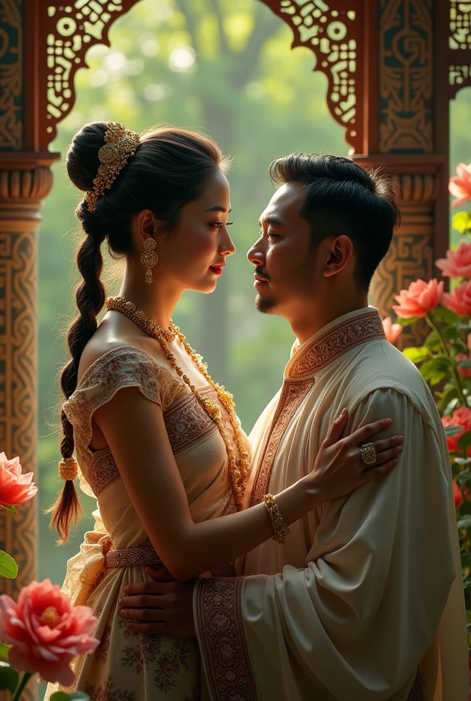 The couple in traditional Thai attire, the woman averts her face, the man is angry.