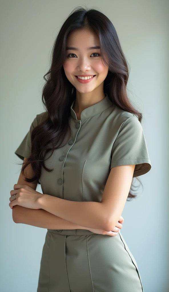 masutepiece, Best Quality, 超A high resolution,(photographrealistic:1.4) (depth of fields),(Lens Glow) , jaket:1.5、Inside the office:1.5、a Pretty Japanese woman１a person:1.5、(Workwear Pants:1.5)、Facing backwards、(White workwear:1.5)、posterior view、Bite pants smiling