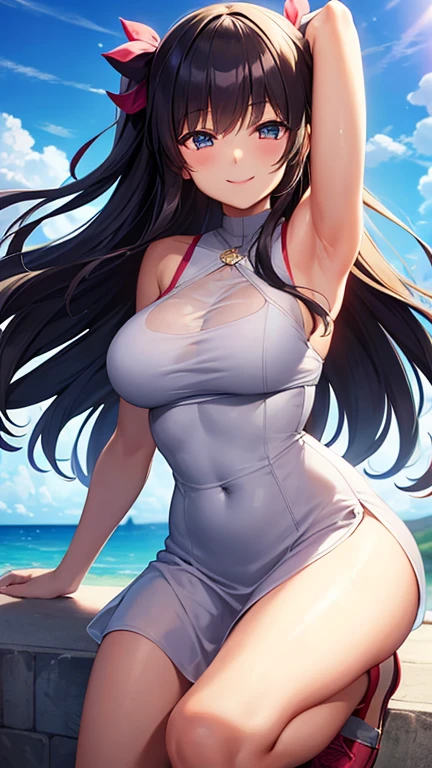 ((Naked)) , visible crotch, sunlight, black long hair, purple eyes, chubby curvy body, medium-large breast ,wide legs, visible crotch,(( open legs)), hands outside of frame ,beach background, pink sky, Chinese Cheongsam dress