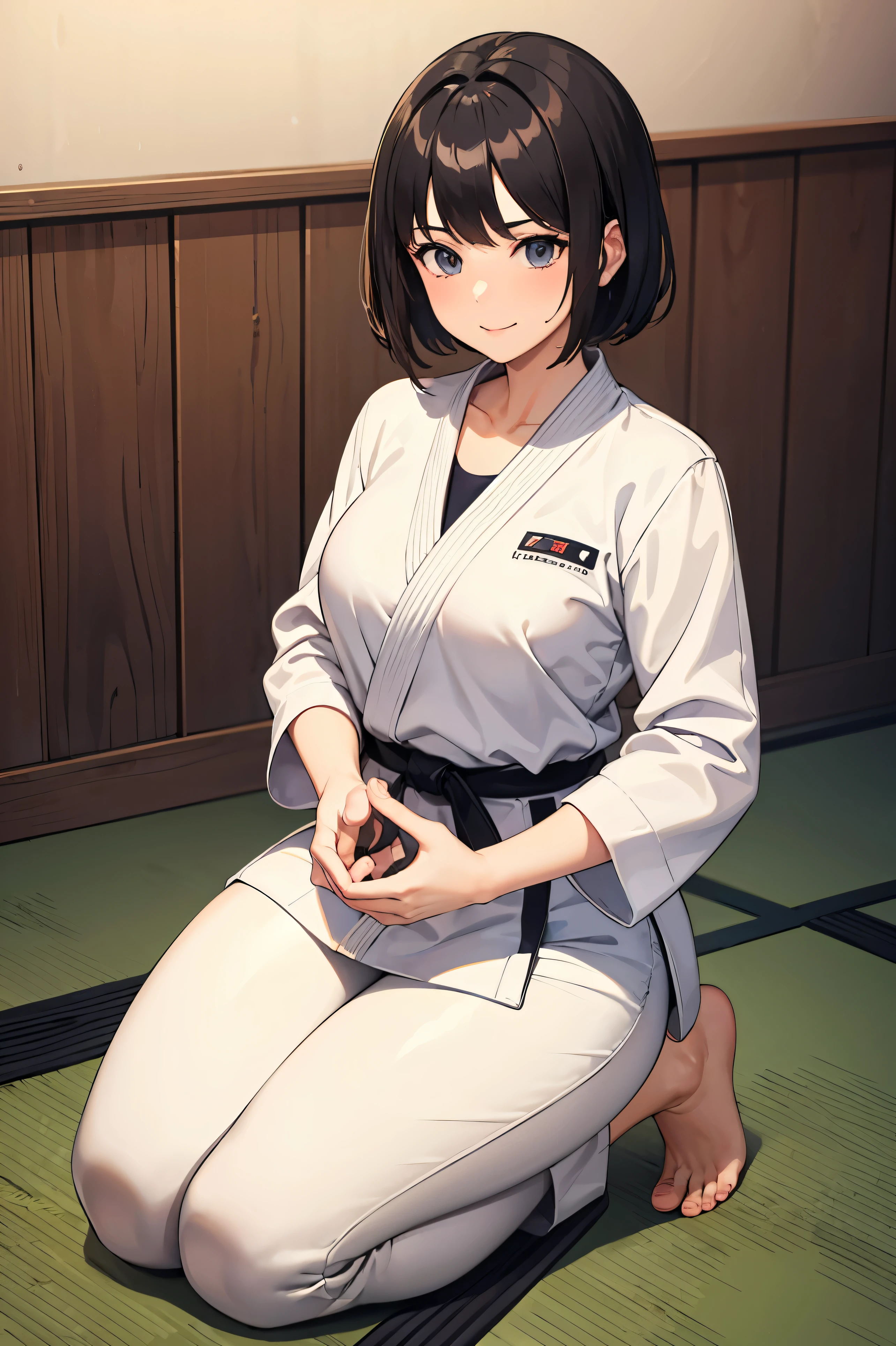 ((masterpiece, Highest quality, Very detailed, Very nice 8K CG wallpaper)), One girl, alone, Quite large breasts, Big Breasts,Big Tits,Medium Hair, Black Hair, short hair,Iris, Daugi, Long sleeve, Martial arts belt, White pants, barefoot, dojo, Sitting astride,seiza, Nice hands, Perfect hands,Sweaty,smile,sexy female genitalia,Looking at me,