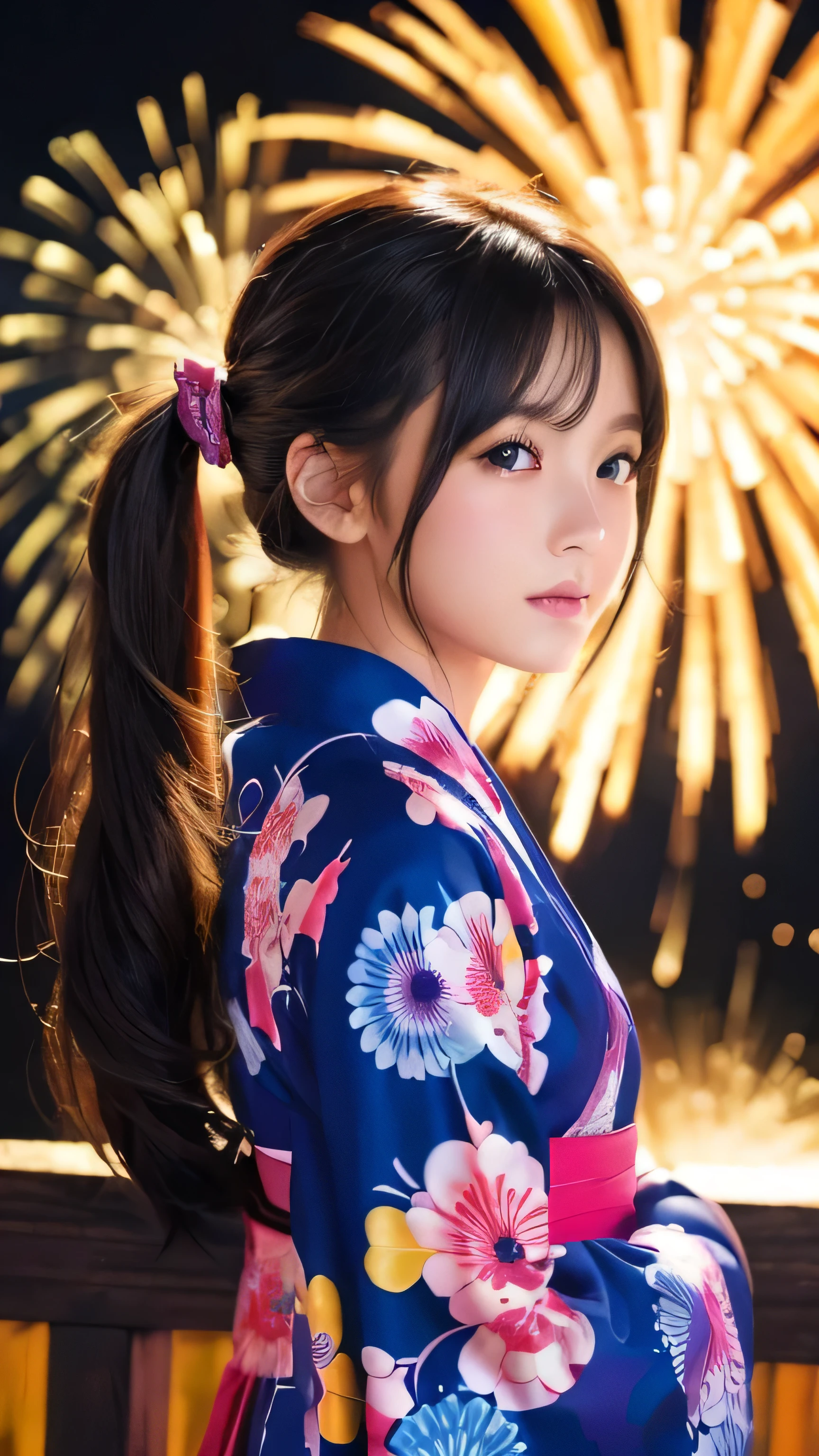 Highest quality, The finer details, (Beautiful single girl))), Highly detailed eyes and face, firework, yukata, looking up at firework, ponytail, Large tear bags, double eyelid