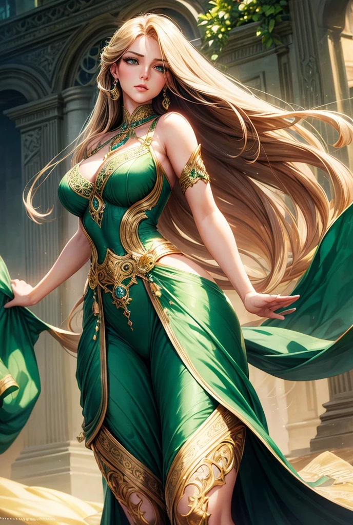 Best quality,masterpiece,ultra-detailed high res,(photorealistic:1.4),raw photo, brown skin,illustration,
woman dancing,(solo:1.2),(cowboy shot:1.2),(hair crown:1.2), green Traditional chinese dunhuang style clothes,Strapless,(green eyeliner:1.2),(big breasts:1.4), (v-neck:1.5), (big necklace:1.4), lace armour, earrings,dynamic angle,Opera House,messy_long_hair,ink,cinematic lighting,lens_flare,Velvet,chrysanthemum,Tassel,Ribbon,color embroidery, underwater scenery