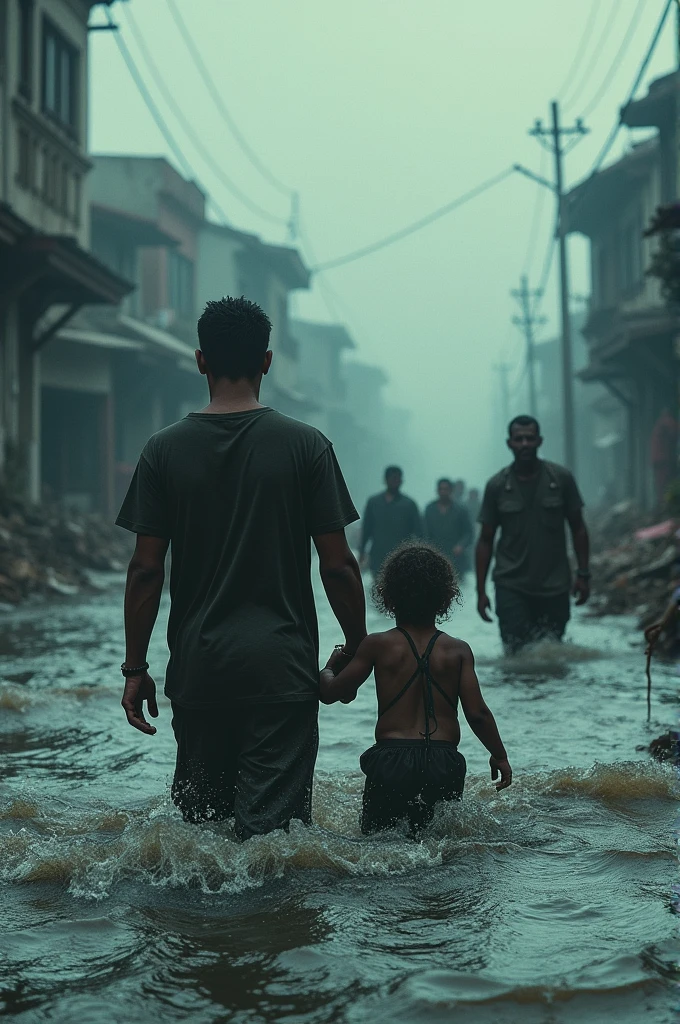 A dad carrying his child in a flooded situation