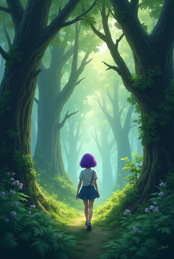 tall pink haired man walking in anime forest