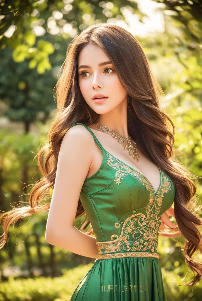 Gorgeus Girl, Beautiful, Baby Face, 20 Years Old, White Skin, Sleeveless, Cleavage, Large Colossal Breasts, Pose, (Green-Gold Kebaya), Green Indonesian Kebaya, Brown Retina, Muscles, Bokeh, Indonesian Culture Background, Masterpiece, Portrait, Straight Dark Hair, Perfect Lighting, HDR, ((Green-Gold Coloured))