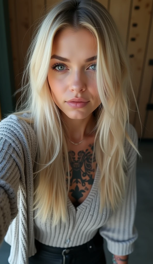 Selfie, Wink, cute babyface woman, attractive and seductive expression, Shy, blonde straight hair, forehead, the picture, blue eyes, Excellent body proportions, covered with tattoos, wears loosely knitted shirt, tight-fitting leather trousers, Engineer boots, artistic, hyper, graphic CG digital art