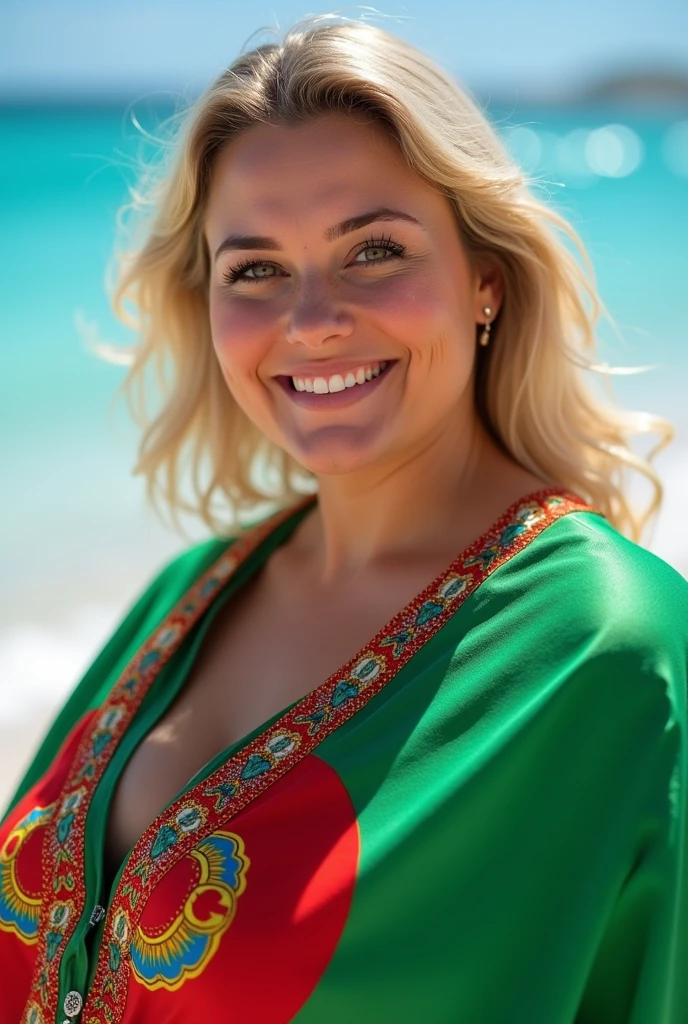 Close-up. fat blonde woman. . Wearing an Algerian flag dress  . blue sea background. High quality technology. 