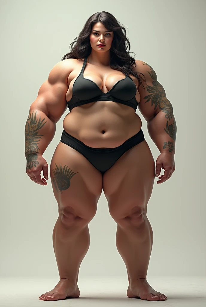 Make a woman having so so huge breast and big rounds shaped butt and musculine physiaue and having very small dress at top and wore panty at legs also angry and more big huge breast looking like a chyna from wwe and bigger than her and heving more big butts and breast

