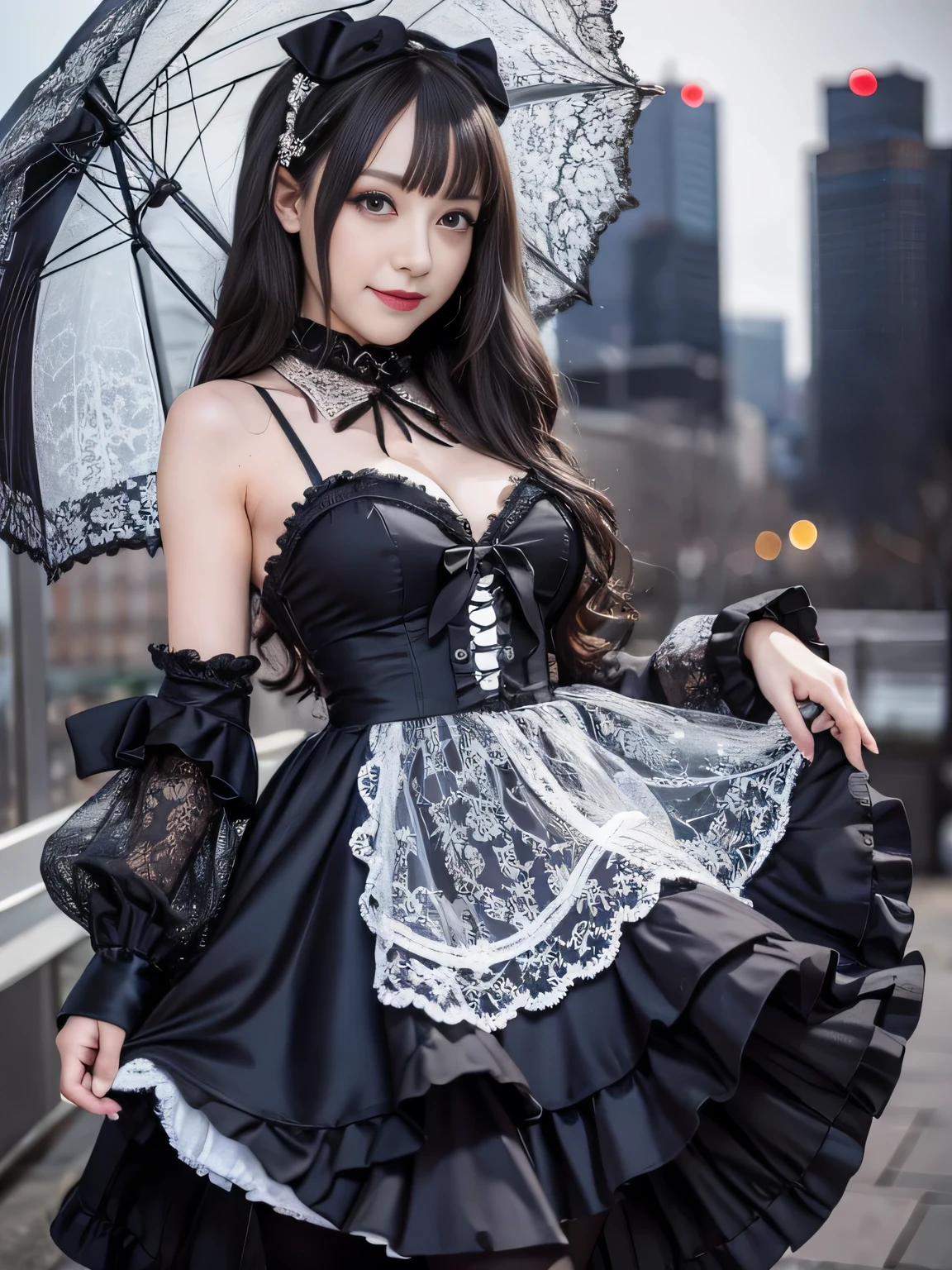 1 girl, solo, (short hair), (big breasts:0.8), thin waist, japanese idol, perfect figure, beautiful eyes double eyelids, gothic lolita fashion, 26 years old, downtown like Harajuku, broad smile, upper body, blow a wind, slim body, hands behind back