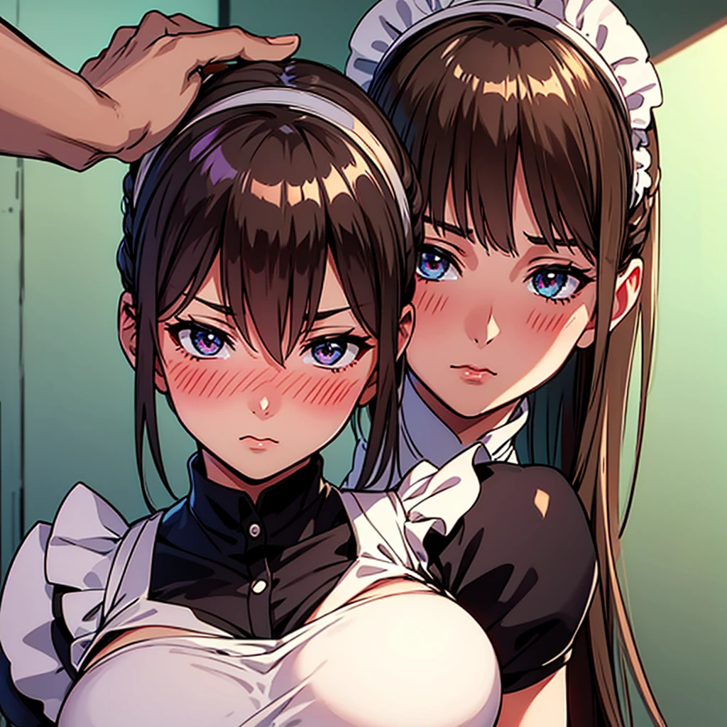 score_9, score_8_up, score_7_up, score_6_up, score_5_up, score_4_up, shiny, shiny skin, oiled BREAK chocopizza, 1girl, maid, maid headress, maid apron, tail, detailed face, expresive eyes, large breasts, close-up, shy, blush