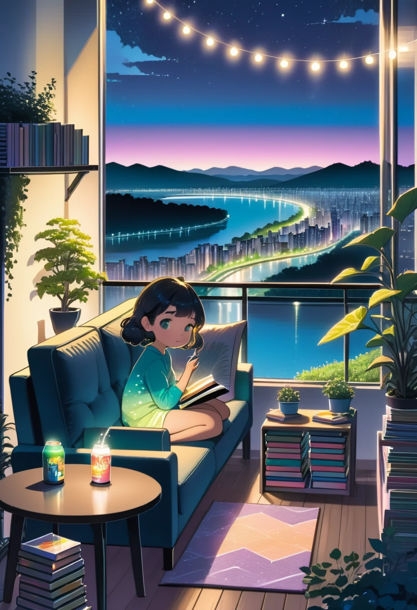  overview, A fl whimsical, thin line art, flat color illustration, ((high quality)), midnight, kawaii girl, sitting a sofa, cozy living room, A can of soda and a stack of books rest on a small round table in front of him. outdoor garden over the skyline midnight, river