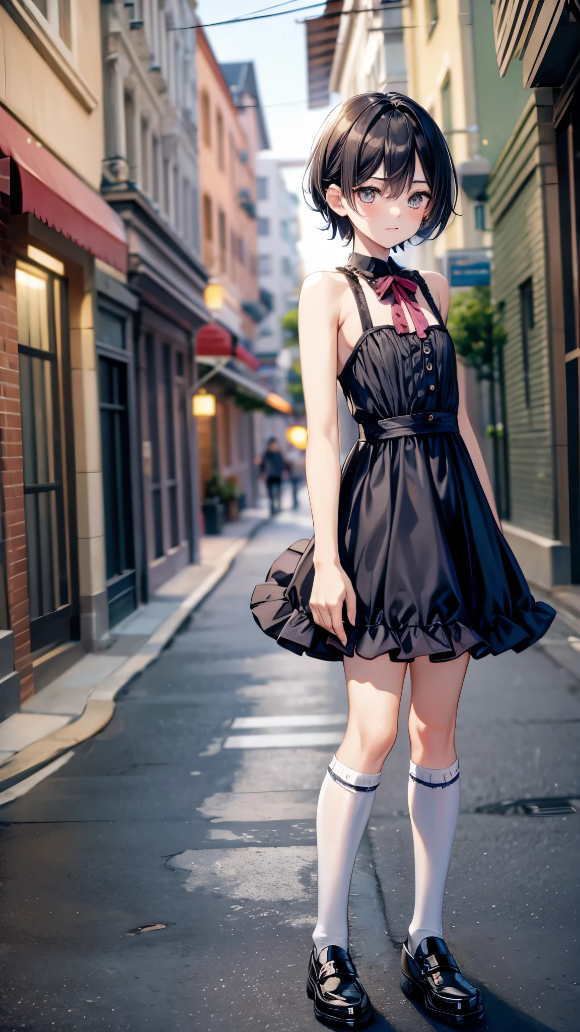 very cute and beautiful girl,(highly detailed beautiful face),(smile),cowboy shot,
navy blue frilled dress,standing,dynamic pose,(detailed legs,mini skirt:0.9),
black hair,(rose garden),navy harbor,warships in distance,
(best quality,masterpiece:1.2),absurdres,highres,ultra-detailed,extremely detailed,32k,8k resolution,
intricate details,cinematic scene,detailed background,solo,dynamic angle,
solo,natural lighting,hair fluttering in the wind,beautiful detailed sky,