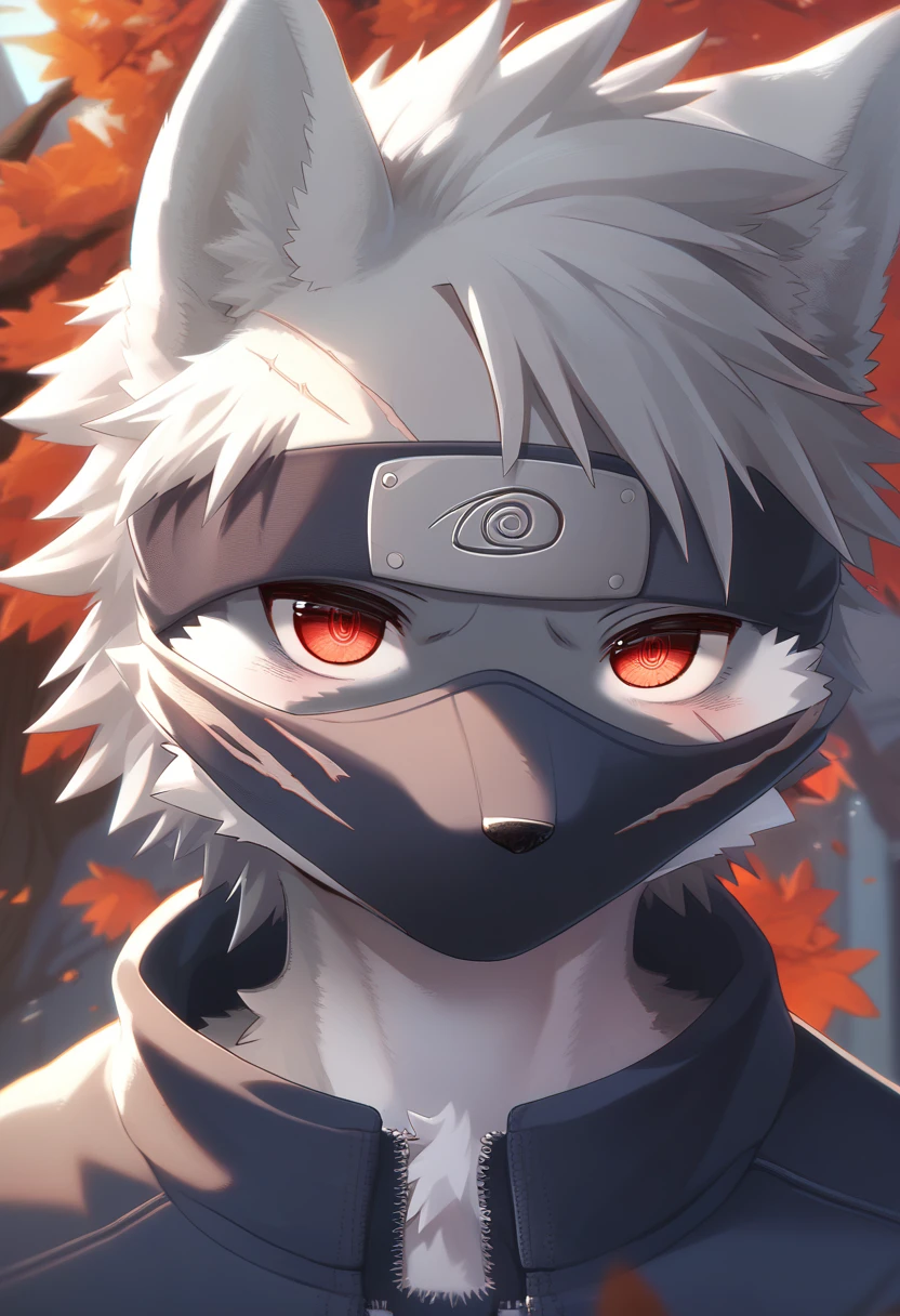 ((Masterpiece)), ((Best Quality)), (Very Detailed), ((Very Detailed)), 4K, (8K), very aesthetic, absurdres highres, 1boy, (anthropomorphic wolf, furry, kemono:1.5), kakashi, grey hair, covered mouth, mouth mask, red eye, scar across eye, forehead protector
