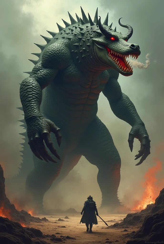 Godzilla with his natural endowments (a sheathless equine penis that is 72-inches long, 72-inches in girth, 12-inches thick ; a pair of equine balls that are 72-inches long, 72-inches around) masturbates aggressively by himself and ejaculates hyper amounts of cum everywhere.