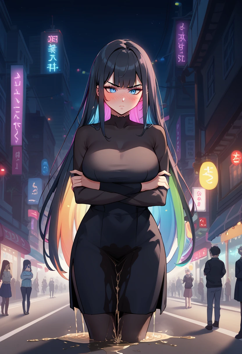 1girl, woman, (wetting self:1.5), desperation, (very long hair:1.5), straight hair, medium bangs, huge breasts, black hair, blue eyes, bodystocking, (blushing:1.5), humiliation, angry, trembling, (arms crossed:1.5), city, street, crowd, night, (colorful:1.5), colorful lights, colorful city