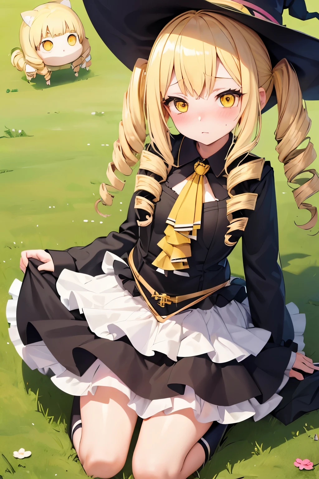 (Highest quality:1.2), alone, One woman, Tomomi, blonde hair, drill hair, twin drills, (yellow eyes:1.3)、(blush:1.1), Embarrassing, View your viewers, ((Witch's Clothes))、((mini skirt))、((((Panty stocking))))、((Photo from below))、((boots))