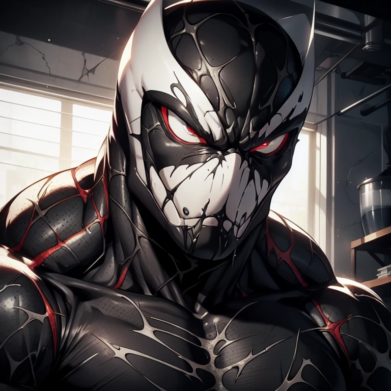 a muscular man, venom symbiote, large white spider logo on symbiote, handsome face, detailed eyes, nose and lips, 4k, high quality, photorealistic, dramatic lighting, cinematic