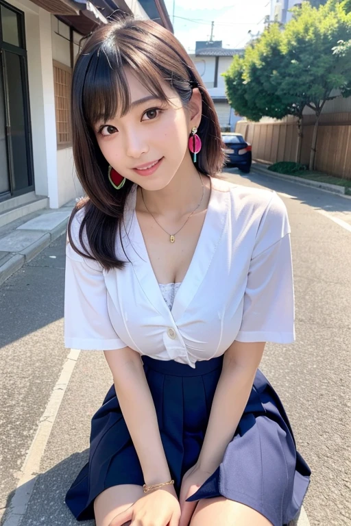 8K,masterpiece,Japanese,-yeld gifrom the front,smile,cute,Innocent face,Innocent,Kind eyes,Childish,Plain T-shirt,Short sleeve,Blue checked short skirt,semi-long,Hair blowing in the wind,Black Hair,Somewhat strong wind,noon,bright,Sitting、M-shaped feet, (Large Breasts:1.2),Gravure idol pose,(Emphasize the chest:1.2)