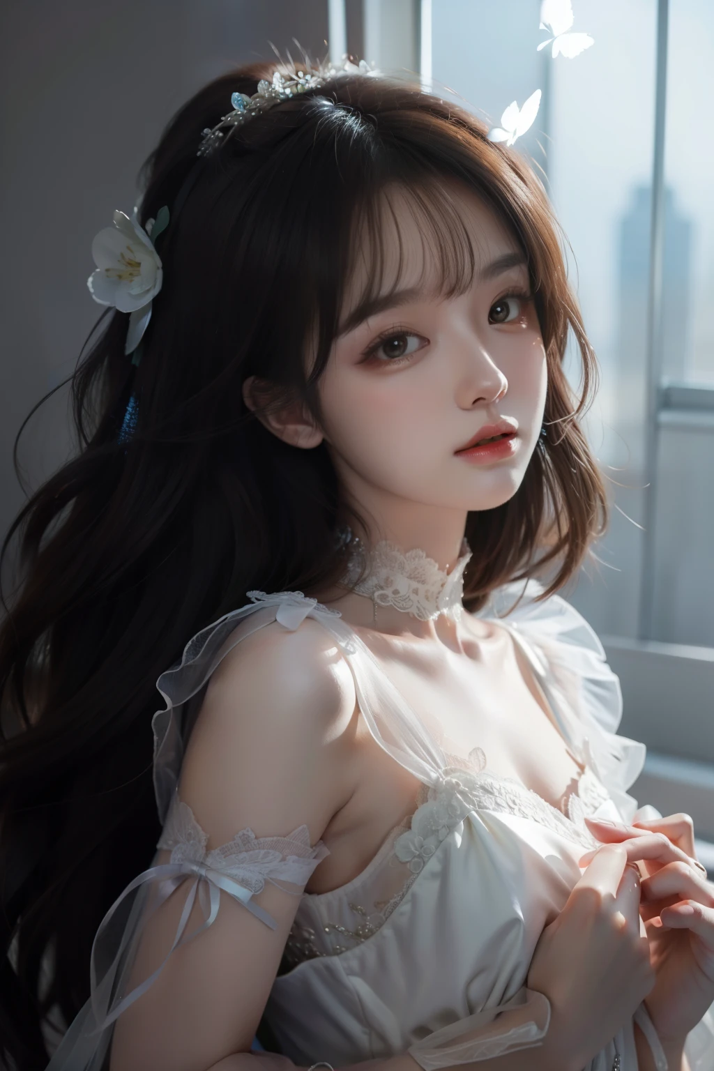 A woman with long hair wearing a white dress and a flower in her hair ...