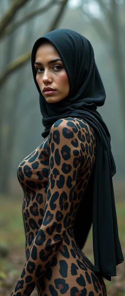 the beautiful,slender thin and prettiest Asian and Malaysian muslimah adult girl with beautiful cheeks wears leopard print lycra turtleneck unitard catsuit covered with seamless stripes and always wear leopard print lycra elastane stretchy dance wear hijab covered with seamless stripes.She has beautiful lips