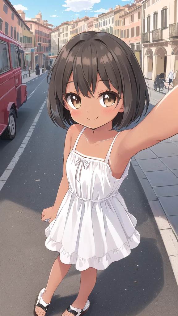 {best possible quality}, {trophy-winning artwork}, {uhd}. [Theme]: "selfie photography". [Setting]: Street in Rome, ((very detailed)), (("it's noon")). [Focus]: ((girl of only "")), [short for her age], ((hair: black, spiky, messy), ((short hair:2.1)), bright brown eyes, (perfect face), ((tanned skin)), ((thin)), ((slightly toned)), ((feminine)), ((short white sundress)), (wearing sandals), (("she smiles for pictures")), (("she is taking a selfie)), ((selfie perspective)). [Atmosphere]: Happy.