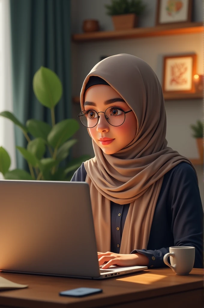 A 18 years old cute girl sitting on a chair with laptop..busy to writing a code. With a side position. With hijab udercap black. And a back screen is coading screen. Skin tone white  wearing a watch in her hand.  Small eyes,slim face Small lips. Her eyes are looking down. Dress is  white and light blue with tea pink hijab. Show full laptop