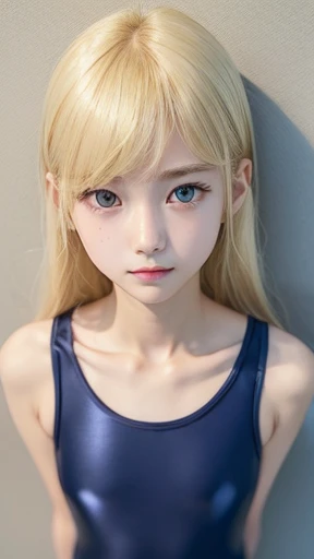 ((from above:1.5)),((((sfw:1.5)))),((sfw:1.5)),((sfw:1.5)),((sfw:1.5)),((Upper Body:1.5)) Korean Asian Teenager Photos、((Beautiful and cute idol girl:1.5))、Platinum Blonde Hair、11yo,Narrow eyes:1.5、Thin face、Thin neck、((Slim body)),((skinny):1.5),((Flat chest:1.5)),((clavicle)),((Narrow eyes：1.5))、(Thin arms)、(Thin neck)、（Thin lips）、A small smile、Thin arms、(Dark blue school swimsuit:1.5）,cameltoe