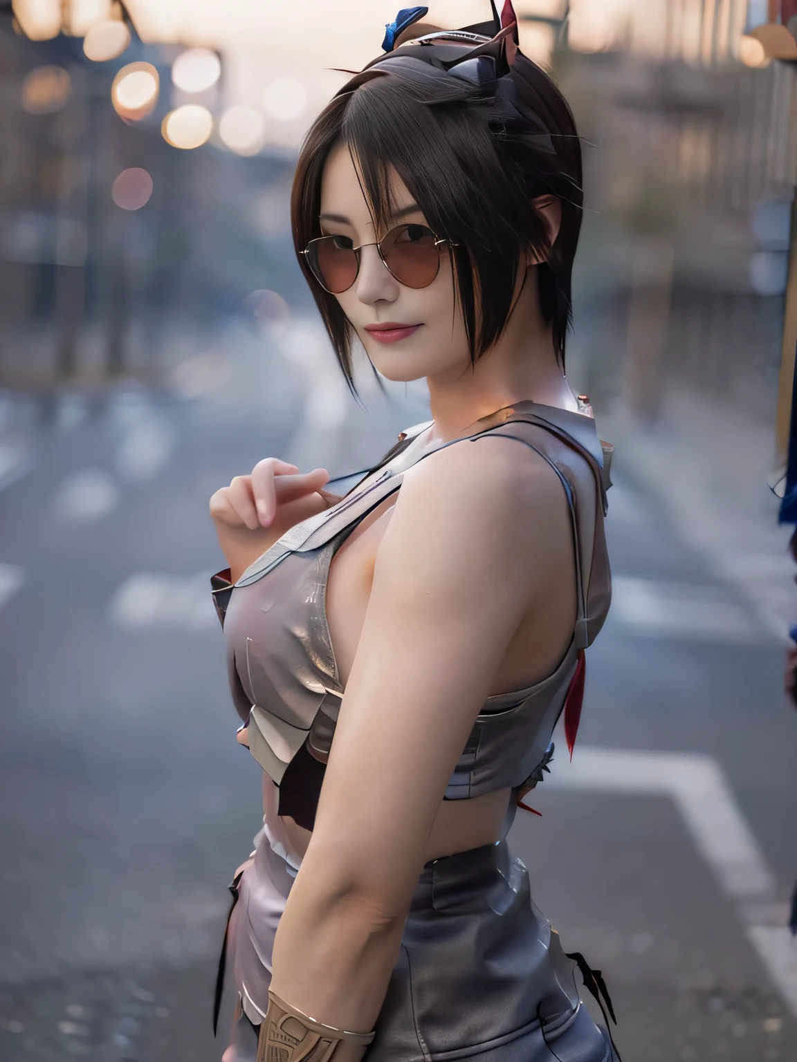 20 year old Japanese beauty,One woman、Muscular body like a bodybuilder、Emphasize the breasts、He has a tortoiseshell comb on his head.、Slit eyes、A head-to-toe view,Bust is very very small、Wall Street in the background、High quality photos、Clear, crisp images of the lower body、Masterpiece 8k、Smiling、I'm in a guts pose、From the front, from the side, from the back, etc.々from what camera angle to shoot、Orange Ninja Costume、The clothes are embroidered with dragons.、Have sunglasses、ponytail
