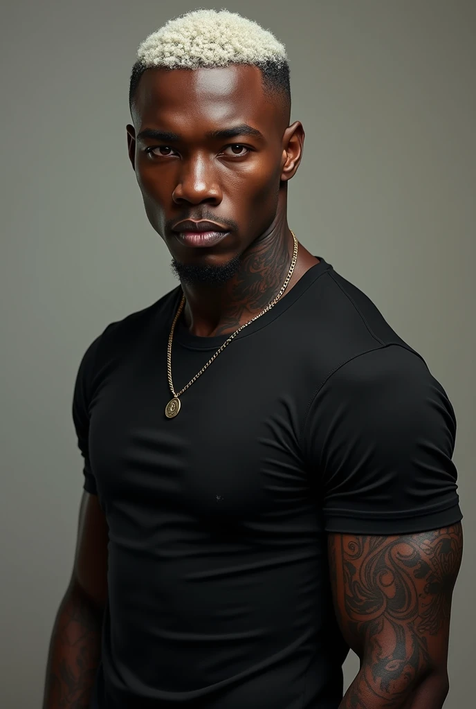 A young dark skin man in a dark busines casual suit. Anatomicaly accurate. Dark Wood armor in the shoulder and chest. Tatoo in the neck, hand and arm.