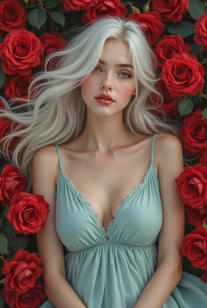best quality, masterpiece, Big, (Large Breasts), Delicate skin texture, Detailed fabric texture, Exquisite face, Super detailed, 8K, Intricate details, 1 Girl, 30 years old, High contrast, High resolution eyes, Blonde hair, full body, rose garden landscape, lots of red roses