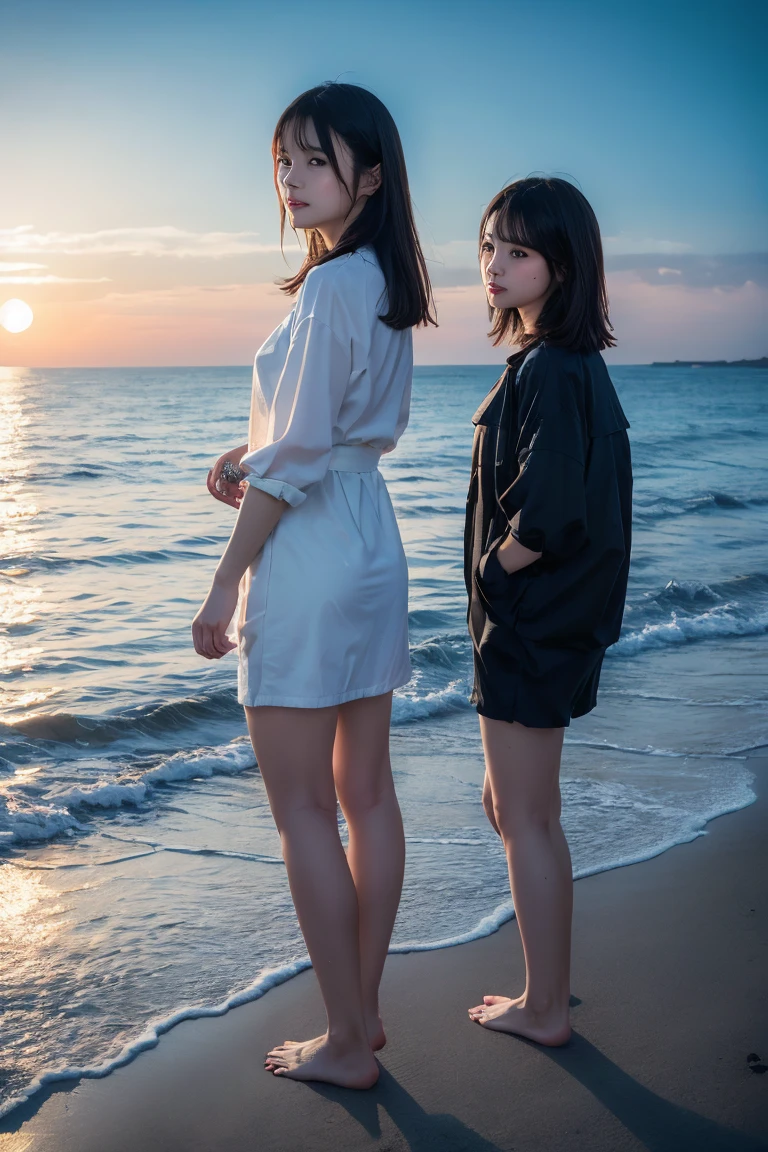 best quality, ultra high res, (photorealistic: 1.4), 1girl, beach, black_hair, blue_sky, blunt_bangs, blurry, bug, butterfly, chinese_clothes, cloud, cloudy_sky, day, hair_ornament, horizon, blue japanese_clothes, blue kimono, long_sleeves, mountain, ocean, outdoor, red_lips, river, coast, sitting, sky, soil, water, high quality, amazing, beauty, smile, looking at the viewer,  yellow ducks,