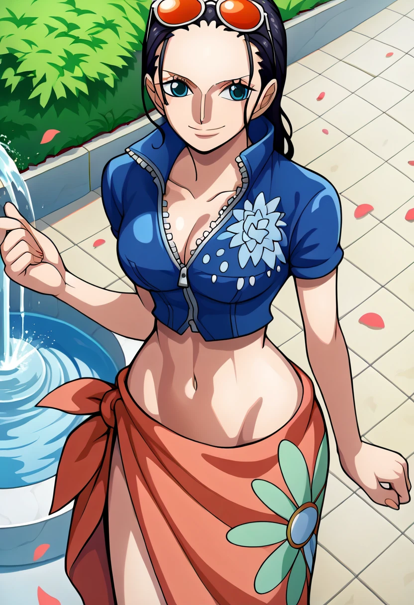 a cute hawaiian girl beautiful beautiful attraction big chest light blue hair short round wearing shell hair her bright blue eye she wears a white shirt yellow lace thread and her skirt blue pants long black heel