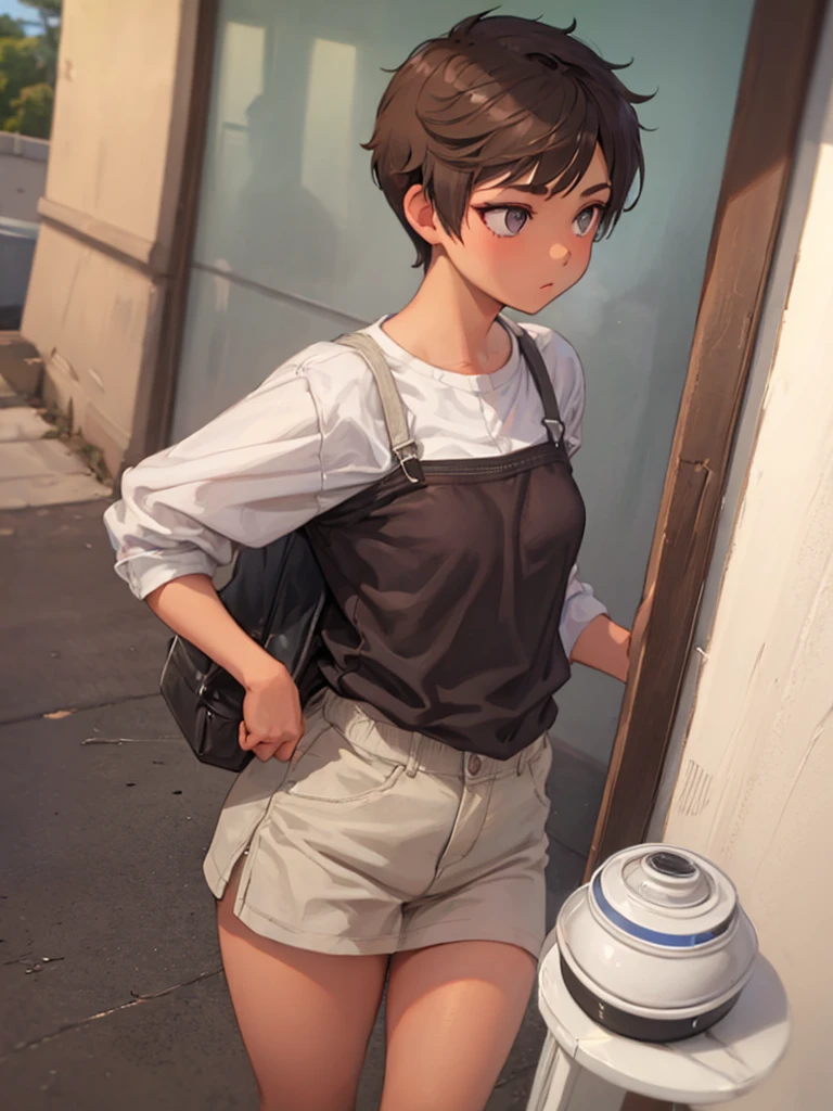 A girl with pixie side bangs haircut with light brown colored hair. Have a brown colored eyes. Small pupils. Have B cup breasts. Make her look like a boy visual