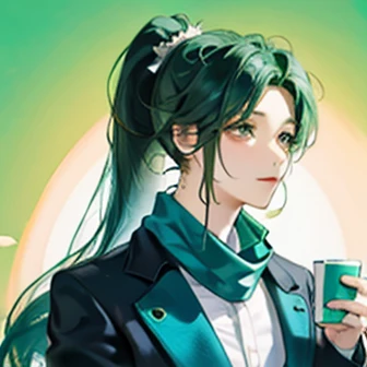 Green haired male、Ponytail and headphones、Scarf wrapped around suit、I have a cup
