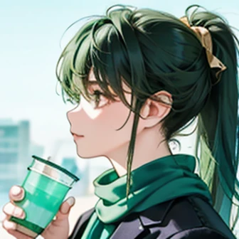 Green haired male、Ponytail and headphones、Scarf wrapped around suit、I have a cup
