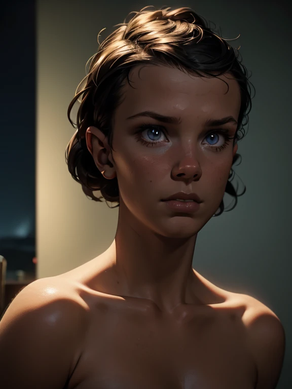 realistic photo of Millie Bobby Brown, beautiful detailed eyes, beautiful detailed lips, extremely detailed face and skin, long eyelashes, 1girl, walking around the house at night, completely nude, moonlight, shadows, photorealistic, 8K, cinematic lighting, dramatic atmosphere, high contrast, intricate detail, hyper realistic, dark, moody, captivating