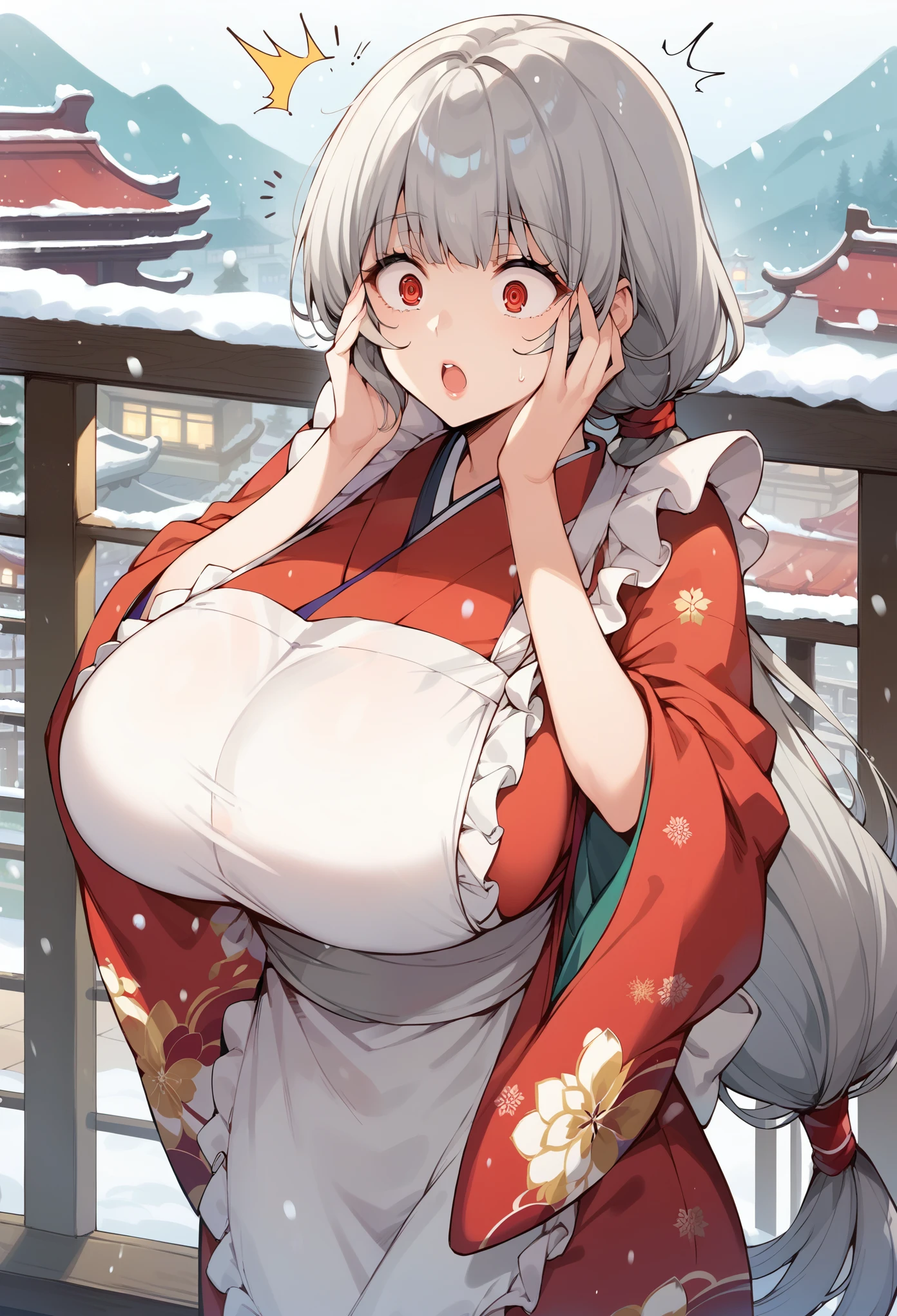 masterpiece, score_9, score_8_up, score_7_up, source_anime, best quality, extremely detailed, 1girl, milf, solo, alexandrina, (huge breasts), ((((gray hair), very long hair, low ponytail, red eyes))), parted lips, (((kimono, white apron, frilled apron))), ((shocked, @_@), open mouth), ((hands on own face, balcony, winter, snowing))