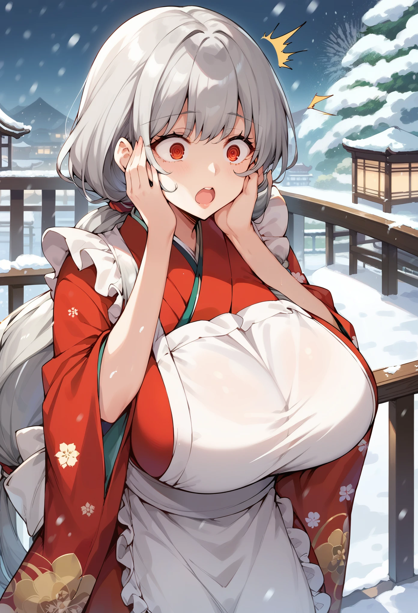 masterpiece, score_9, score_8_up, score_7_up, source_anime, best quality, extremely detailed, 1girl, milf, solo, alexandrina, (huge breasts), ((((gray hair), very long hair, low ponytail, red eyes))), parted lips, (((kimono, white apron, frilled apron))), ((shocked, @_@), open mouth), ((hands on own face, balcony, winter, snowing))