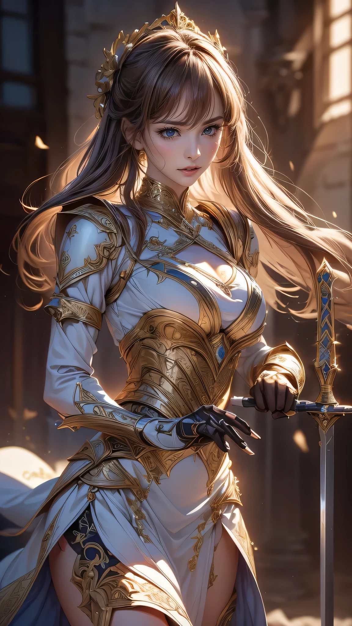 (8k, highest quality, masterpiece: 1.2), (Realistic, photoRealistic: 1.37), Super detailed, One Girl, Paladin with a sword imbued with light, Wide viewing angles, huge firm bouncing bust, Very delicate depiction, Miniature painting, Detailed depiction of the face, Detailed depiction of hair, Accurate skeleton, Dress with intricate patterns, Complicated armor, long thick sword