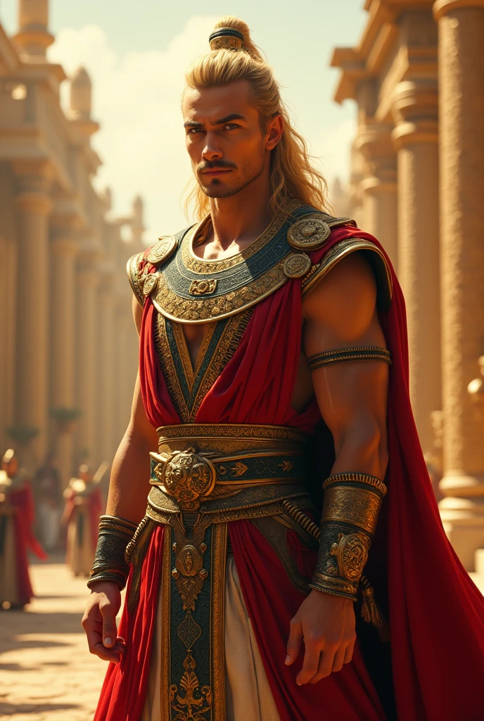 ((artwork)) ((body completo)) ((30 year old man)) body: brownish skin, high, muscular, ((body hair)) ((platinum ruby hair)) male face, barba, beautiful eyes, detailed eyes ((Gold colored eyes)). Expression: Seductive, sonrisa Seductive. CLOTHES: Red Greek Cape, TOGA BLANCA, Gold ornaments, greek prince ornaments. pose: dynamic. scene: greek temple, Greek columns. Decor: winter, decoración de winter brillante, Wonderful lighting.