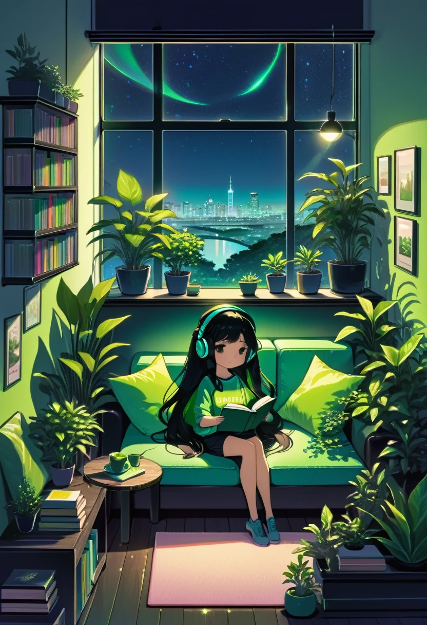  overview, A fl whimsical, thin line art, flat color illustration, ((high quality)), midnight, kawaii girl, long black hair, sitting a sofa, cozy living room, A holding a book. headphones is filled with various green plants and has a warm, inviting atmosphere. A can of soda and a stack of books rest on a small round table in front of him. outdoor garden over the skyline midnight, river