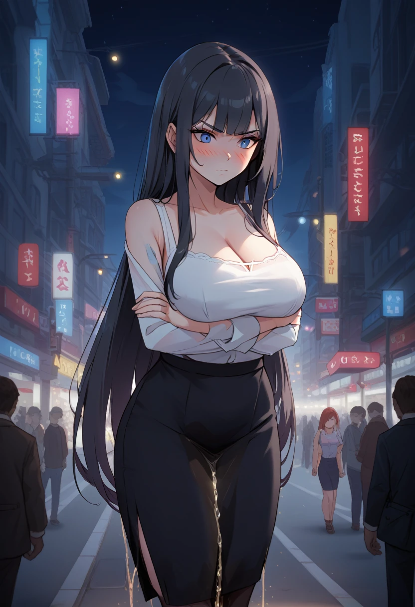 ((best quality)), ((masterpiece)), (detailed), 1girl, sexy
gigantic breasts, Tohsaka Rin(Fate/ stay night), black hair, two side up hair, blue eyes, completely nude, no clothes, embarrassed angry, open mouth, covering breasts and crotch, walking in crowd city street, night, streetlights, surrounded in a lot of people