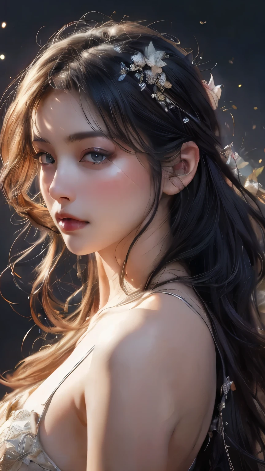 masterpiece, best quality, illustration, very detailed, in detail, highest resolution, 8K wallpapers, Complete dynamic configuration, beautiful and delicate eyes , sexy face,face feeling ecstasy,A face at the peak of sexual excitement, looking at viewer, ((dark background)), Mark Demsteader style,