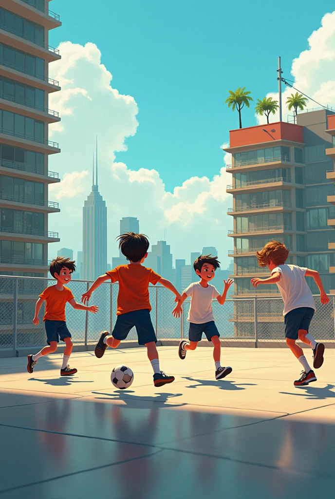 A boy playing football,soccer court,youthfulness,vibrancy. Storyboard:1.8, cartoon strip,comic:: en una casa futurista, Estilo Comic de Marvel, hiperHD, 24K UHD,