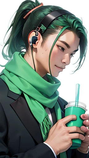 Green haired male、Ponytail and headphones、Scarf wrapped around suit、I have a cup
