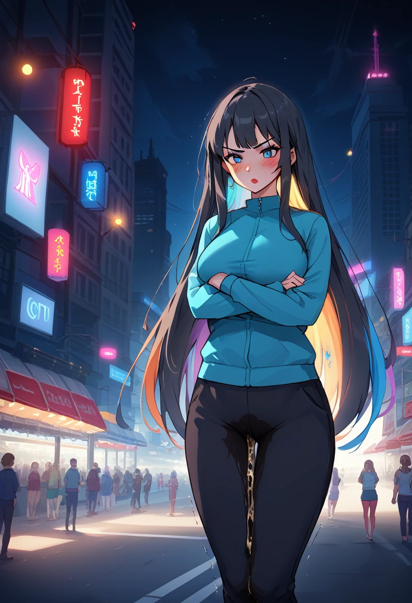 1girl, woman, (wetting self:1.5), desperation, (very long hair:1.5), straight hair, medium bangs, huge breasts, black hair, blue eyes, yoga pants, black pants, low-rise pants (blushing:1.5), humiliation, angry, trembling, (arms crossed:1.5), city, street, crowd, night, (colorful:1.5), colorful lights, colorful city